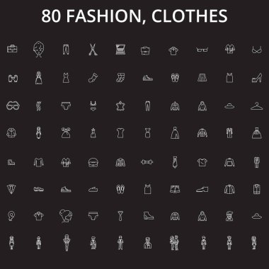 Moda, set siyah arka plan üzerinde elbise düzenlenebilir satır simgeler vektör. Moda, giysi beyaz anahat illüstrasyonlar, işaretler, semboller