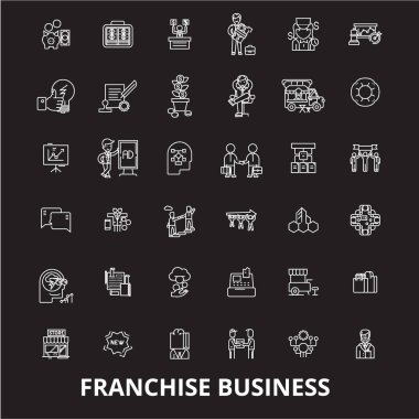 Franchise iş düzenlenebilir satır simgeler kümesi siyah arka plan üzerine vektör. Franchise iş beyaz anahat illüstrasyonlar, işaretler, semboller