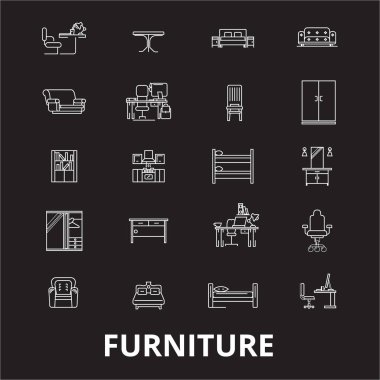 Mobilya düzenlenebilir satır simgeler kümesi siyah arka plan üzerine vektör. Mobilya Beyaz anahat illüstrasyonlar, işaretler, semboller