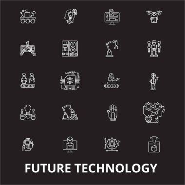 Geleceğin teknolojisi düzenlenebilir satır simgeler kümesi siyah arka plan üzerine vektör. Geleceğin teknolojisi beyaz anahat illüstrasyonlar, işaretler, semboller