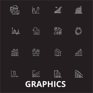 Grafik düzenlenebilir satır simgeler kümesi siyah arka plan üzerine vektör. Grafik beyaz anahat illüstrasyonlar, işaretler, semboller