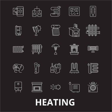 Düzenlenebilir satır simgeler vektör Isıtma siyah arka plan üzerinde ayarlayın. Isıtma beyaz anahat illüstrasyonlar, işaretler, semboller