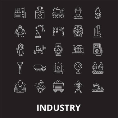 Sanayi düzenlenebilir satır simgeler kümesi siyah arka plan üzerine vektör. Sanayi beyaz anahat illüstrasyonlar, işaretler, semboller
