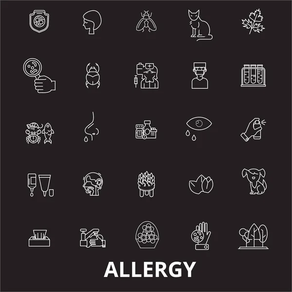 Alergia ícones de linha editáveis vetor definido em fundo preto. Alergia esboço branco ilustrações, sinais, símbolos —  Vetores de Stock