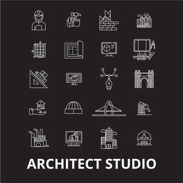 Architect studio editable line icons vector set on black background. Architect studio white outline illustrations, signs, symbols — Stock Vector