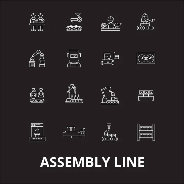 Assemblagelijn bewerkbare lijn iconen vector set op zwarte achtergrond. Assemblagelijn witte contouren illustraties, tekenen, symbolen — Stockvector