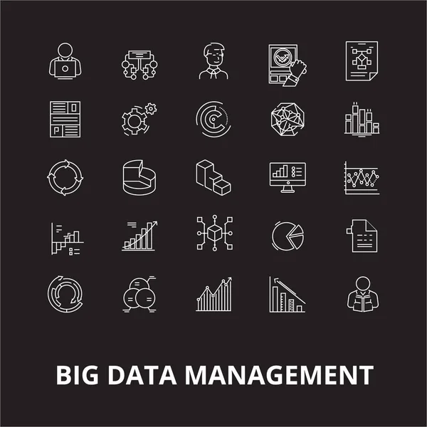 Big Data Management editierbarer Zeilensymbolvektor auf schwarzem Hintergrund. Big Data Management White Outline Illustrationen, Schilder, Symbole — Stockvektor