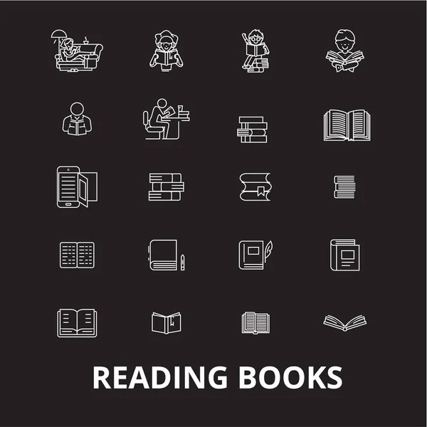 Books Editable Line Icons Vector Set Black Background Books White — Stock Vector