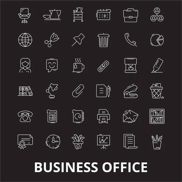 Pictogrammen van zakelijke office bewerkbare lijn vector set op zwarte achtergrond. Kantoor wit schetsen illustraties, tekenen, symbolen — Stockvector