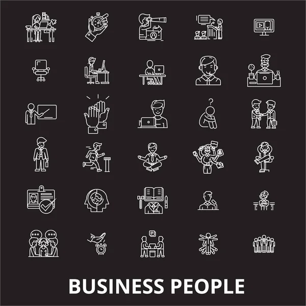 Business people éditable ligne icônes vecteur réglé sur fond noir. Hommes d'affaires contours blancs illustrations, signes, symboles — Image vectorielle