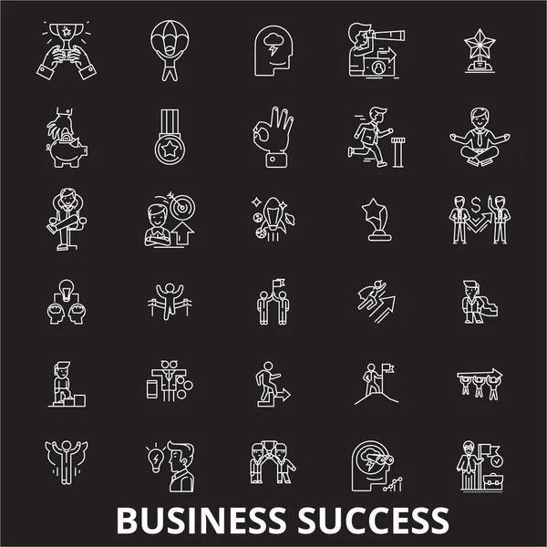 Ícones de linha editáveis de sucesso empresarial vetor definido em fundo preto. Sucesso empresarial esboço branco ilustrações, sinais, símbolos — Vetor de Stock
