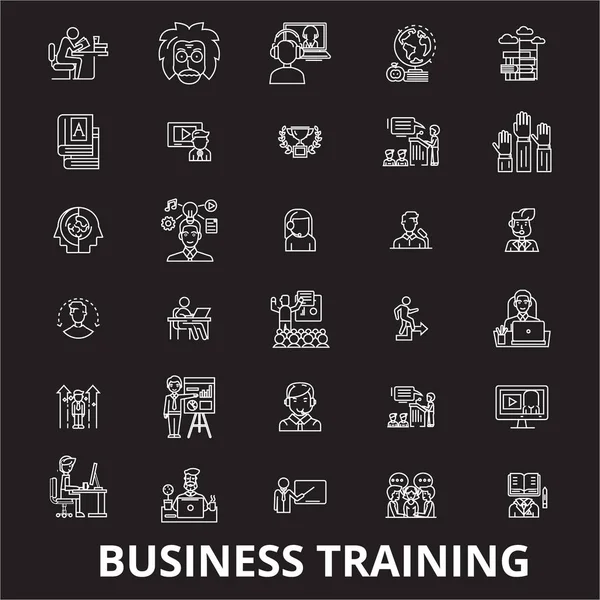 Businesstraining editierbare Zeilensymbole Vektor auf schwarzem Hintergrund eingestellt. Business Training weiß umrissene Illustrationen, Schilder, Symbole — Stockvektor