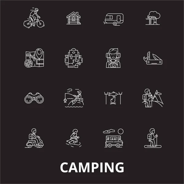 Camping editable línea iconos vector conjunto sobre fondo negro. Camping esbozo blanco ilustraciones, signos, símbolos — Vector de stock