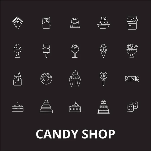 Tienda de dulces editable línea iconos vector conjunto sobre fondo negro. Tienda de dulces esbozo blanco ilustraciones, signos, símbolos — Archivo Imágenes Vectoriales