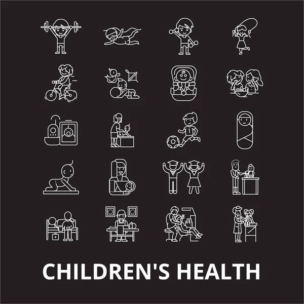 Παιδική υγεία επεξεργάσιμο γραμμή εικονίδια διάνυσμα σετ σε μαύρο φόντο. Παιδική υγεία λευκό περίγραμμα εικονογραφήσεις, σημάδια, σύμβολα — Διανυσματικό Αρχείο