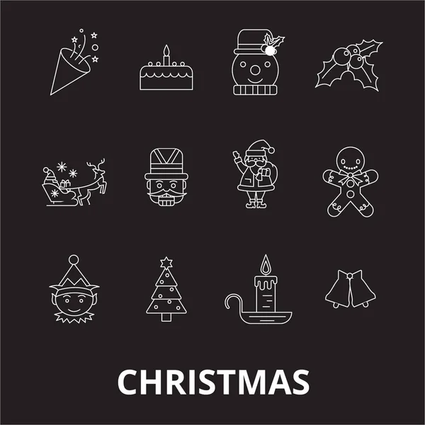 Navidad editable línea iconos vector conjunto sobre fondo negro. Ilustraciones de contorno blanco navideño, signos, símbolos — Vector de stock