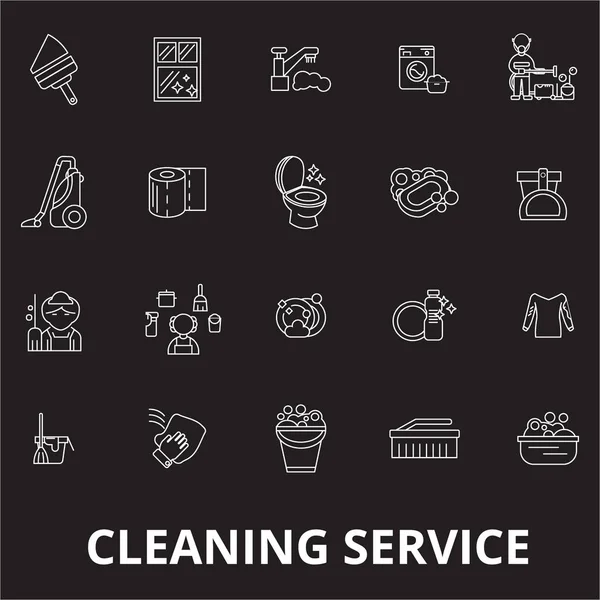 Cleaning service editable line icons vector set on black background. Cleaning service white outline illustrations, signs, symbols — Stock Vector