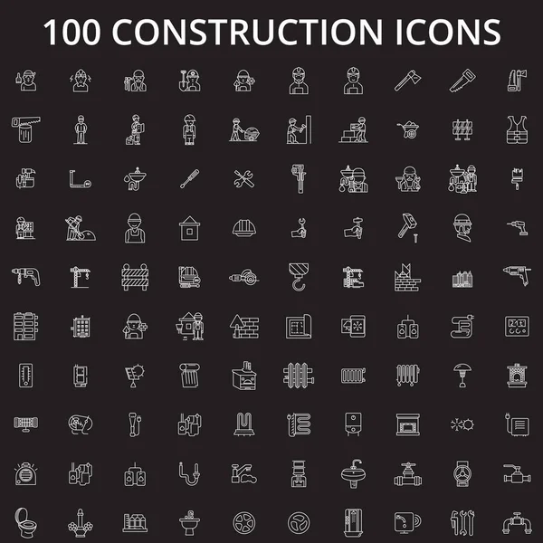 Budowa linii można edytować ikony wektor zestaw na czarnym tle. Budowy biały kontur ilustracje, znaków i symboli — Wektor stockowy