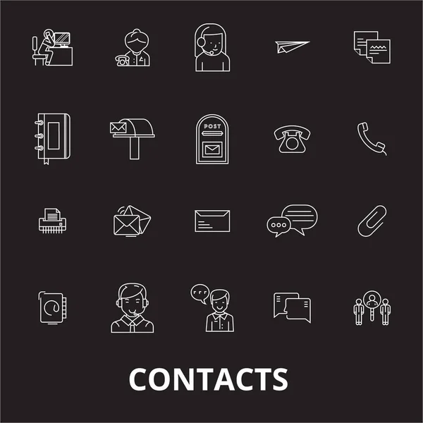 Kontakty można edytować linię ikony wektor zestaw na czarnym tle. Kontakty ilustracje biały kontur, znaków i symboli — Wektor stockowy
