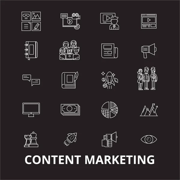 Conjunto de vectores de iconos de línea editables de marketing de contenidos sobre fondo negro. Esquema blanco de marketing de contenidos ilustraciones, signos, símbolos — Archivo Imágenes Vectoriales