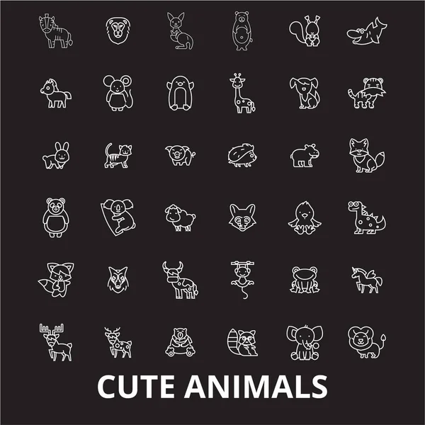かわいい動物編集可能な線のアイコン ベクトルの黒い背景にセット。白のかわいい動物イラスト、サイン、シンボルを概要します。 — ストックベクタ