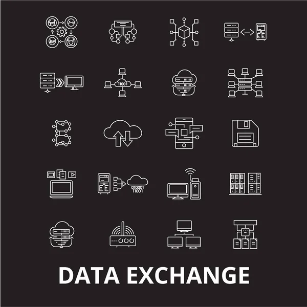 Datenaustausch editierbare Zeilensymbole Vektor auf schwarzem Hintergrund eingestellt. Datenaustausch weiße Umrisse Illustrationen, Schilder, Symbole — Stockvektor