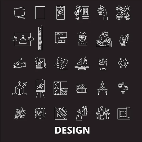 Diseño de iconos de línea editable vector conjunto sobre fondo negro. Ilustraciones del contorno blanco del diseño, muestras, símbolos — Vector de stock