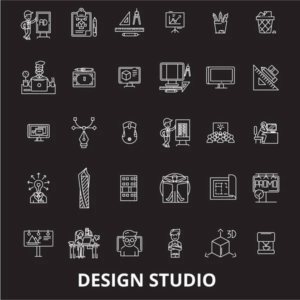 Ontwerp studio bewerkbare lijn iconen vector ingesteld op zwarte achtergrond. Ontwerp studio witte contouren illustraties, tekens, symbolen — Stockvector