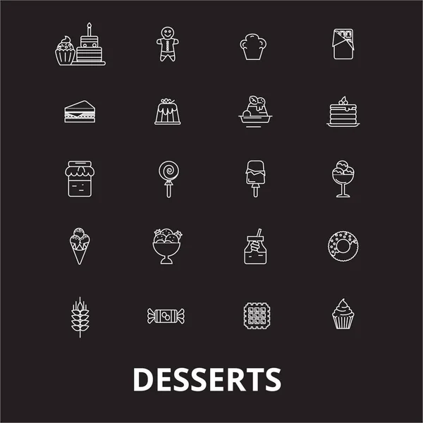 Desserts editable line icons vector set on black background. Desserts white outline illustrations, signs, symbols — Stock Vector