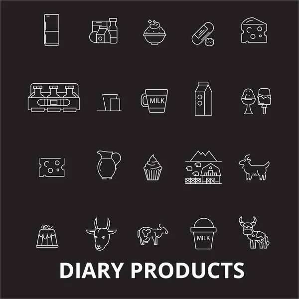 Diario productos de línea editable iconos vector conjunto sobre fondo negro. Diario de productos esbozo blanco ilustraciones, signos, símbolos — Vector de stock