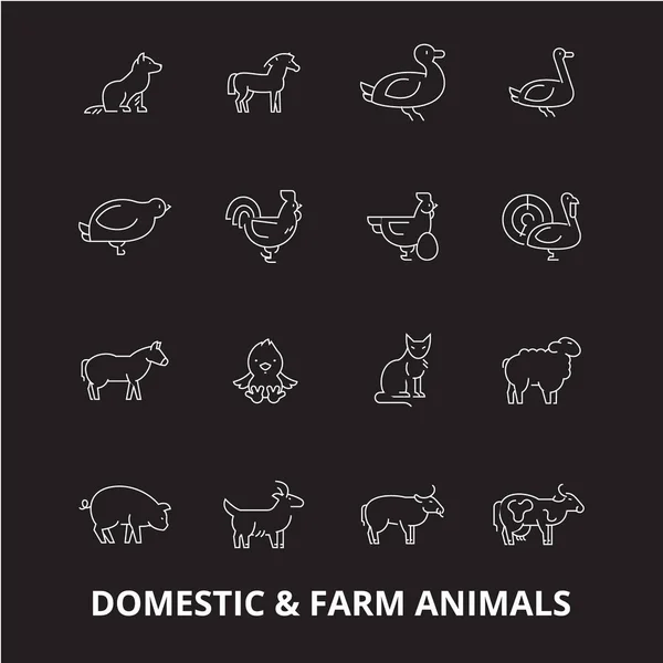 Animales domésticos de granja editable línea iconos vector conjunto sobre fondo negro. Animales domésticos de granja esbozo blanco ilustraciones, signos, símbolos — Archivo Imágenes Vectoriales