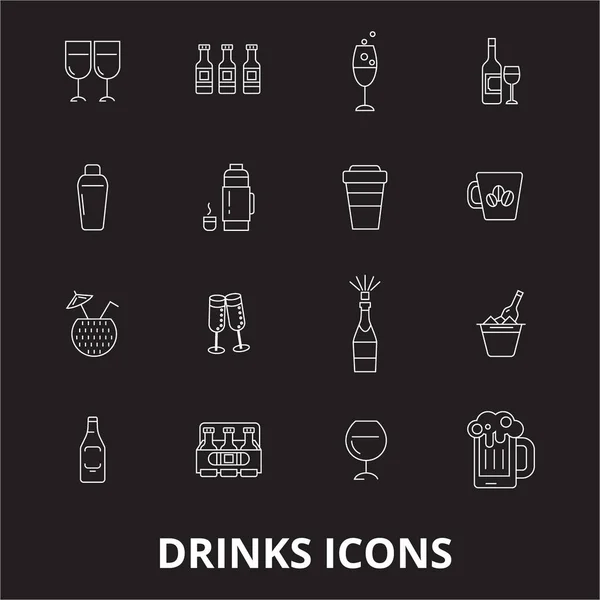 Bebe ícones de linha editáveis vetor definido em fundo preto. Bebidas esboço branco ilustrações, sinais, símbolos — Vetor de Stock
