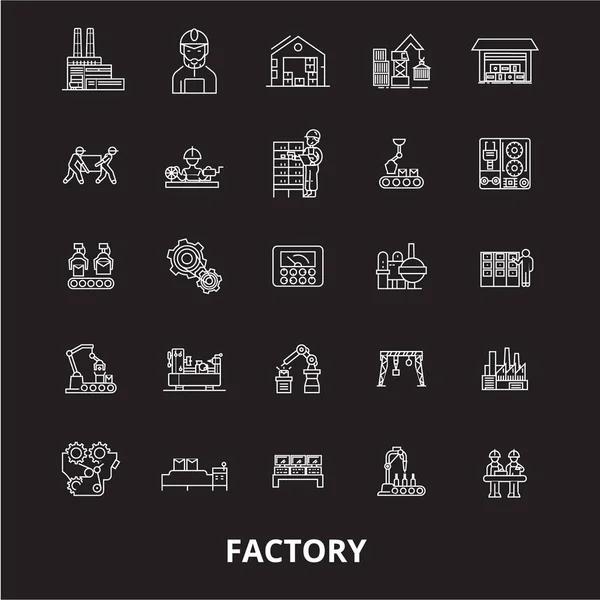 Factory redigerbara linje ikoner vektor set på svart bakgrund. Factory vit kontur illustrationer, tecken, symboler — Stock vektor