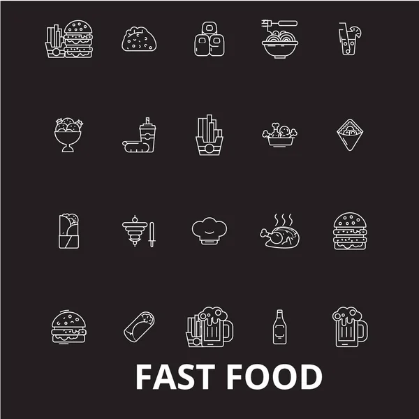 Szybkiej edycji linii ikony wektor zestaw na czarnym tle. Fast food biały kontur ilustracje, znaków i symboli — Wektor stockowy