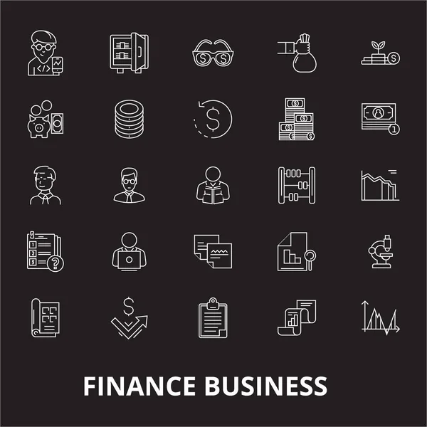 Finance business éditable ligne icônes vecteur mis sur fond noir. Finance business blanc contour illustrations, signes, symboles — Image vectorielle