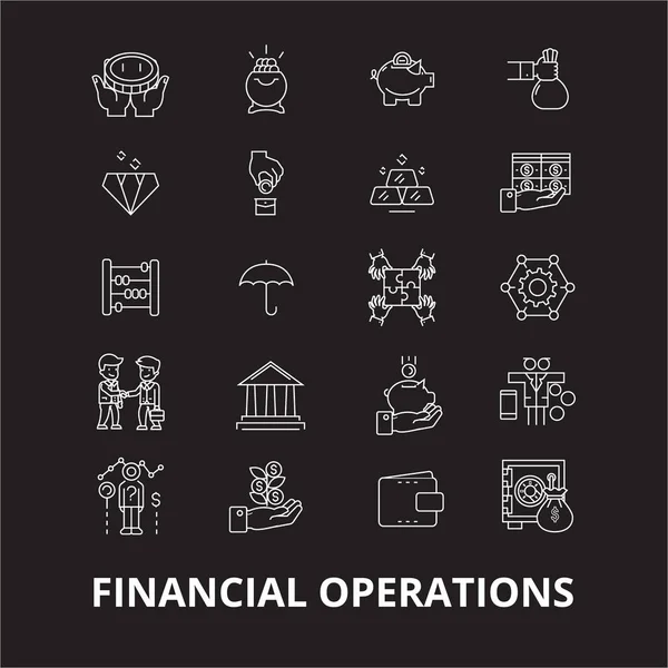 Operaciones Financieras Editable Línea Iconos Vector Conjunto Sobre Fondo Negro — Vector de stock