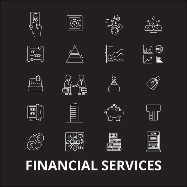 Servicios financieros editable línea iconos vector conjunto sobre fondo negro. Servicios financieros esbozo blanco ilustraciones, signos, símbolos — Archivo Imágenes Vectoriales