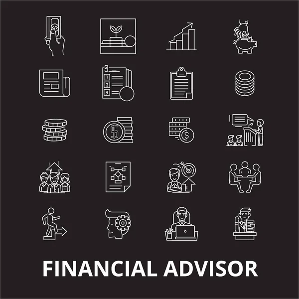 Χρηματοοικονομικός σύμβουλος επεξεργάσιμο γραμμή εικονίδια διάνυσμα σετ σε μαύρο φόντο. Χρηματοοικονομικός σύμβουλος λευκό περίγραμμα εικονογραφήσεις, σημάδια, σύμβολα — Διανυσματικό Αρχείο