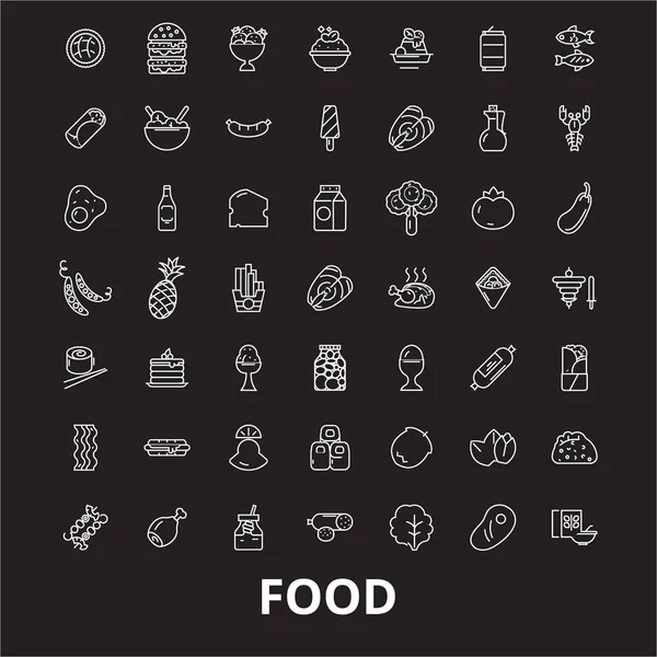 Alimentação editável linha ícones vetor definido no fundo preto. Alimento branco esboço ilustrações, sinais, símbolos — Vetor de Stock