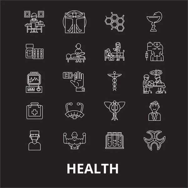 Gesundheit editierbare Zeilensymbole Vektor auf schwarzem Hintergrund eingestellt. Gesundheit weiße Umrisse Abbildungen, Zeichen, Symbole — Stockvektor