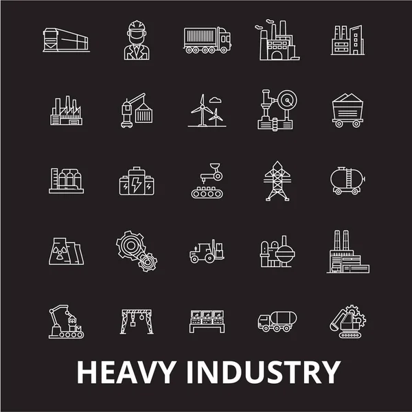 Iconos de línea editable industria pesada vector conjunto sobre fondo negro. Industria pesada esbozo blanco ilustraciones, signos, símbolos — Archivo Imágenes Vectoriales