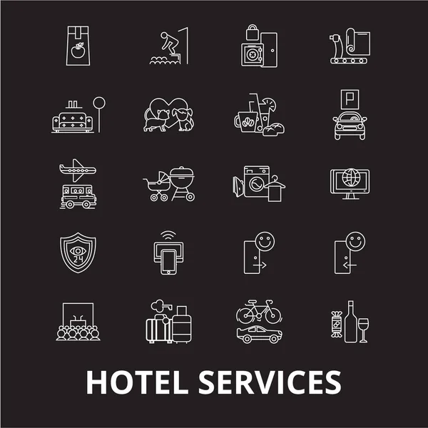 Готельні послуги, які можна редагувати, векторні піктограми рядків, встановлені на чорному тлі. Послуги готелю білі контури ілюстрації, знаки, символи — стоковий вектор