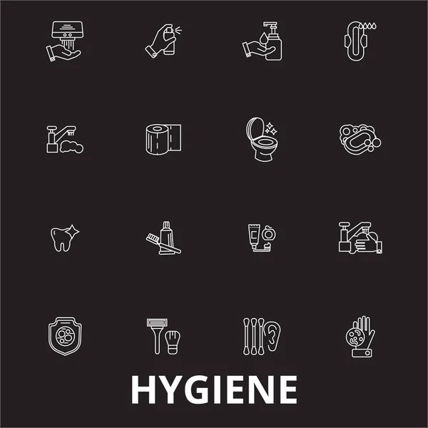 Higiene editable línea iconos vector conjunto sobre fondo negro. Higiene esbozo blanco ilustraciones, signos, símbolos — Vector de stock