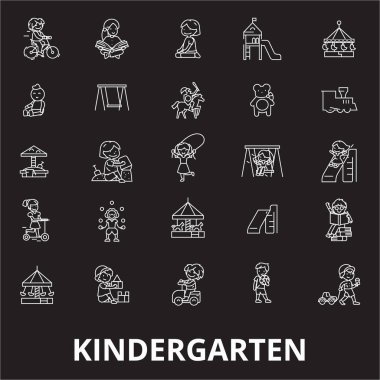 Anaokulu düzenlenebilir satır simgeler kümesi siyah arka plan üzerine vektör. Anaokulu beyaz anahat illüstrasyonlar, işaretler, semboller