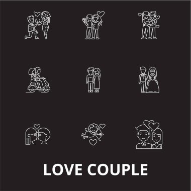 Çift düzenlenebilir satır simgeler vektör siyah arka plan üzerine ayarla seviyorum. Aşk çift beyaz anahat illüstrasyonlar, işaretler, semboller