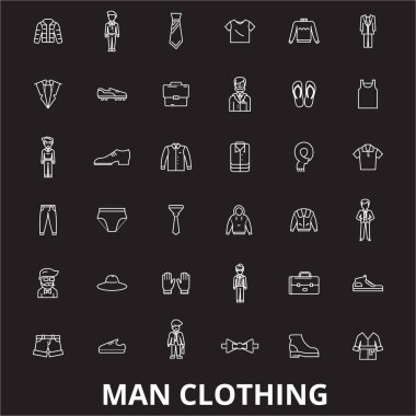 Adam giyim düzenlenebilir satır simgeler kümesi siyah arka plan üzerine vektör. Adam giyim Beyaz anahat illüstrasyonlar, işaretler, semboller