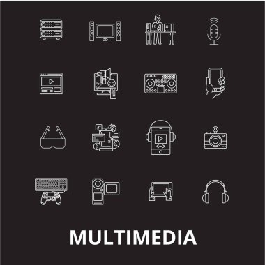 Multimedya düzenlenebilir satır simgeler kümesi siyah arka plan üzerine vektör. Multimedya beyaz anahat illüstrasyonlar, işaretler, semboller