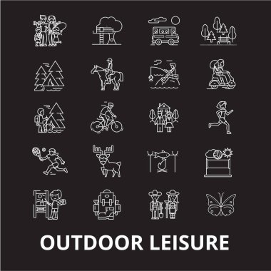 Açık eğlence düzenlenebilir satır simgeler kümesi siyah arka plan üzerine vektör. Açık eğlence beyaz anahat illüstrasyonlar, işaretler, semboller