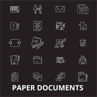 Kağıt belgeleri düzenlenebilir satır simgeler kümesi siyah arka plan üzerine vektör. Kağıt belgeleri beyaz anahat illüstrasyonlar, işaretler, semboller