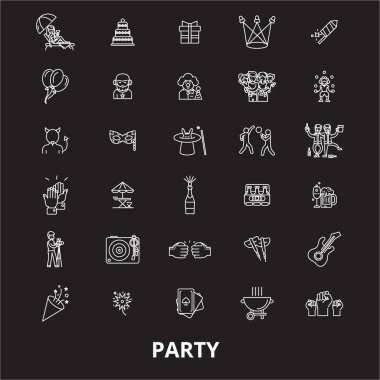 Parti düzenlenebilir satır simgeler kümesi siyah arka plan üzerine vektör. Party beyaz anahat çizimler, işaretler, semboller